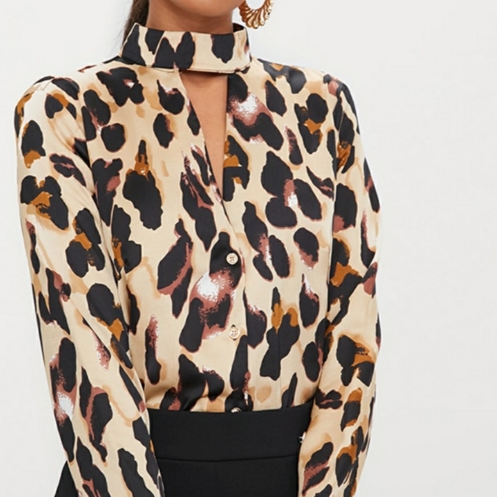 PRETTYLITTLETHING Silky Leopard Coker Blouse